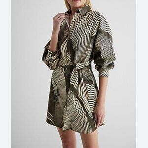 Express Portofino Shirt Dress Small Green Leaf Print Button Up Belted Classy